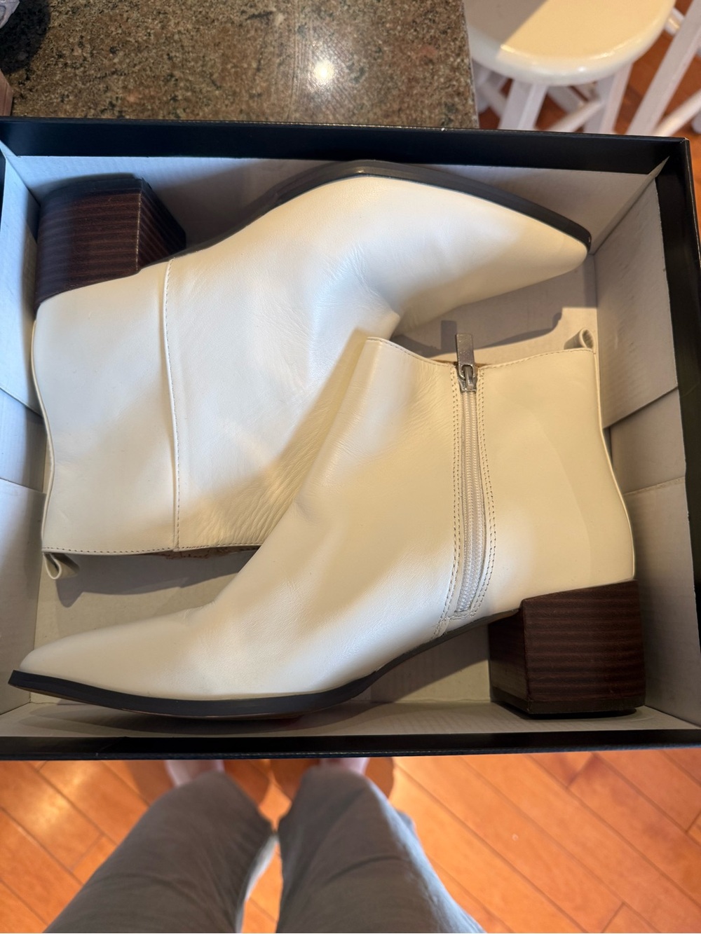 Women's White Leather Ankle Bootie with Stacked Heel